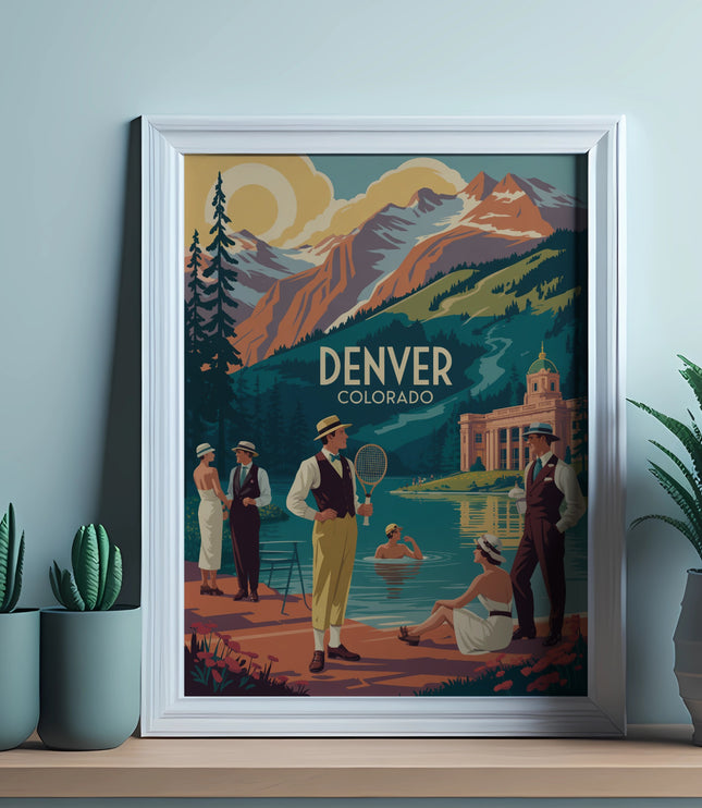 Art deco illustration of Denver Colorado with people playing tennis and swimming.