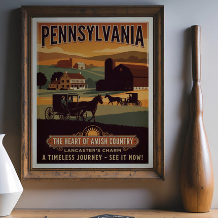 Pennsylvania Amish Country vintage travel poster with horse-drawn carriages.