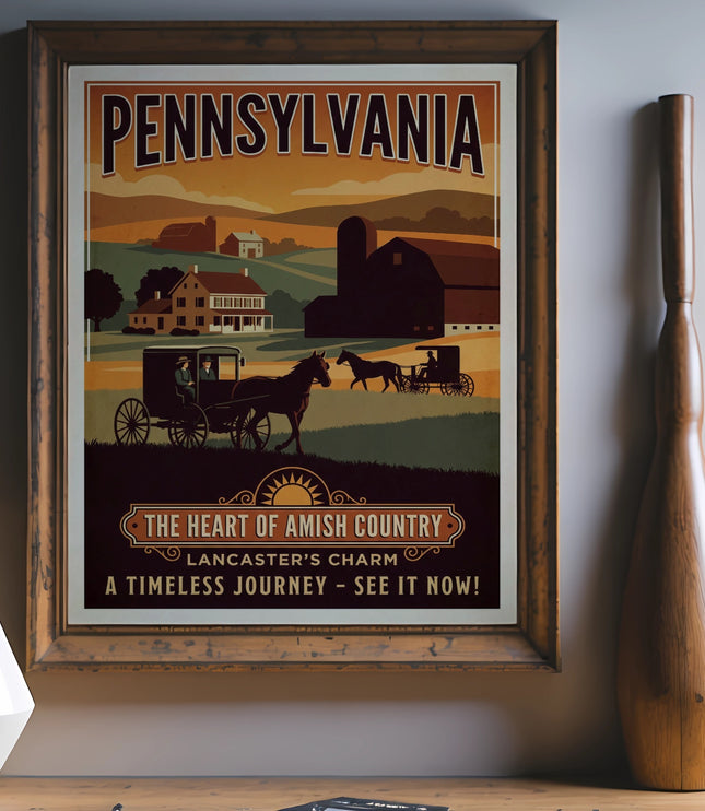 Pennsylvania Amish Country vintage travel poster with horse-drawn carriages.