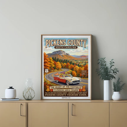 Pickens County, South Carolina vintage travel poster with autumn scene and classic car.