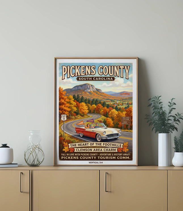 Pickens County, South Carolina vintage travel poster with autumn scene and classic car.