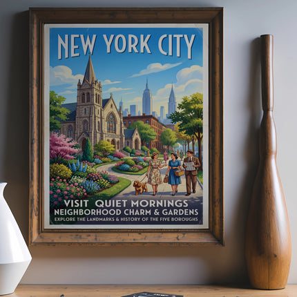 Vintage New York City travel poster featuring a church, gardens, and two people.