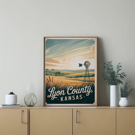 Framed print featuring a Kansas landscape with a windmill and text "Lyon County Kansas".