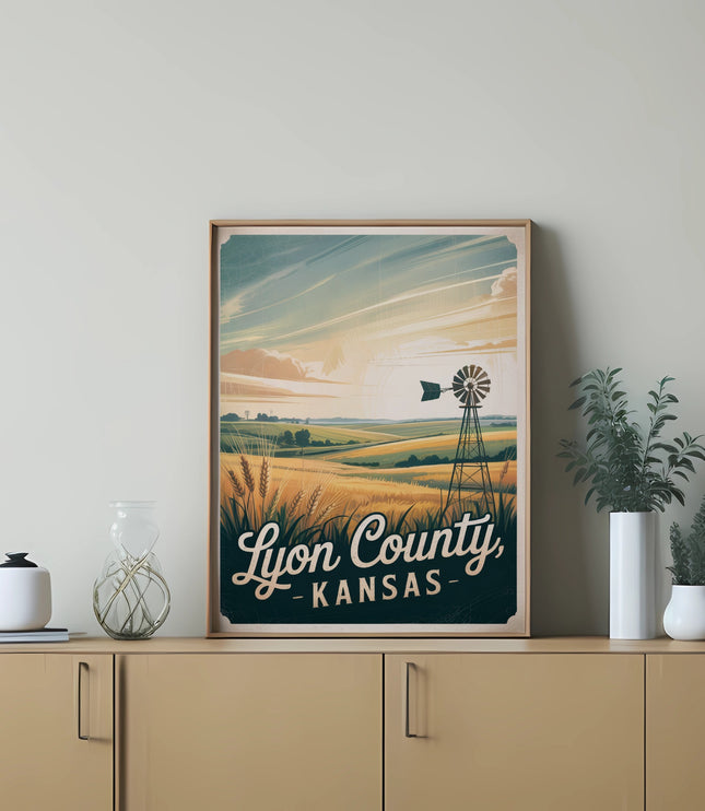 Framed print featuring a Kansas landscape with a windmill and text "Lyon County Kansas".