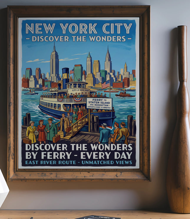New York City ferry poster depicting skyline, ferry, and text about discovering wonders.