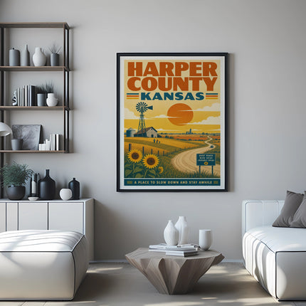 Harper County Kansas poster with windmill, sunflowers, and text.