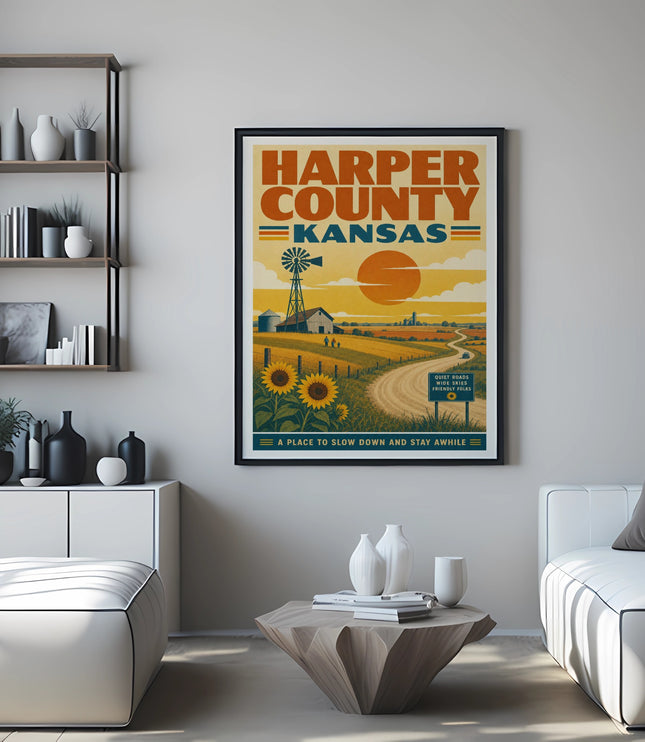 Harper County Kansas poster with windmill, sunflowers, and text.