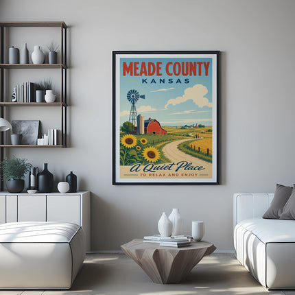 Vintage travel poster for Meade County, Kansas, featuring a farm scene.