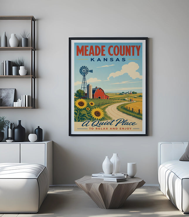 Vintage travel poster for Meade County, Kansas, featuring a farm scene.