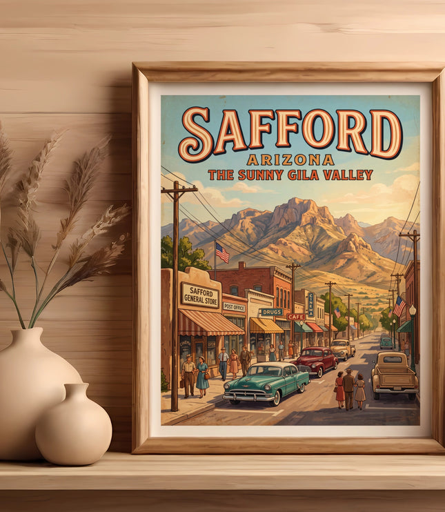 Vintage poster of Safford, Arizona, showing a sunlit street with classic cars and mountains.