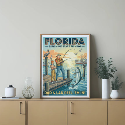 Florida Sunshine State Fishing poster featuring dad and son fishing from a dock.