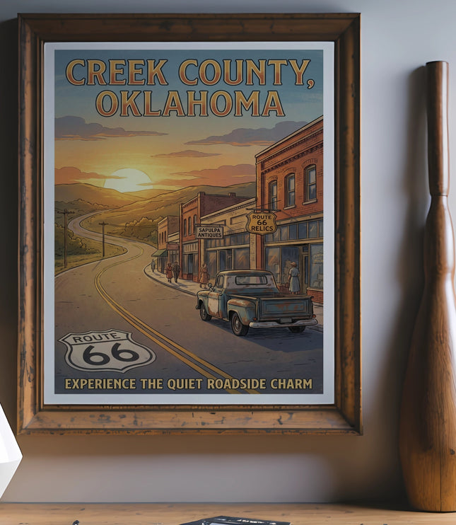 Creek County, Oklahoma Route 66 poster with vintage truck and shops.