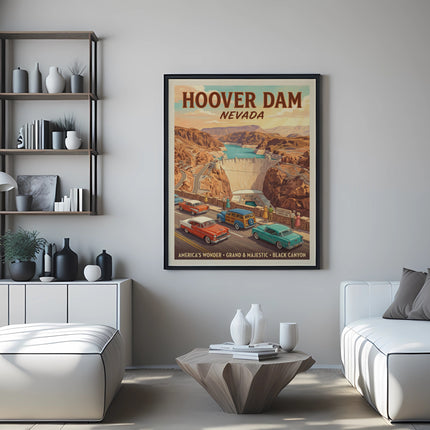 Hoover Dam Nevada poster with cars, canyon, and dam structure.