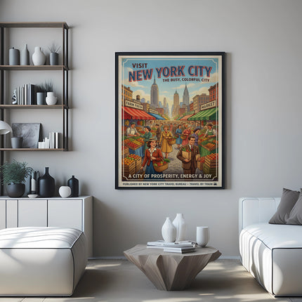 Vintage travel poster for New York City, featuring a busy market scene.