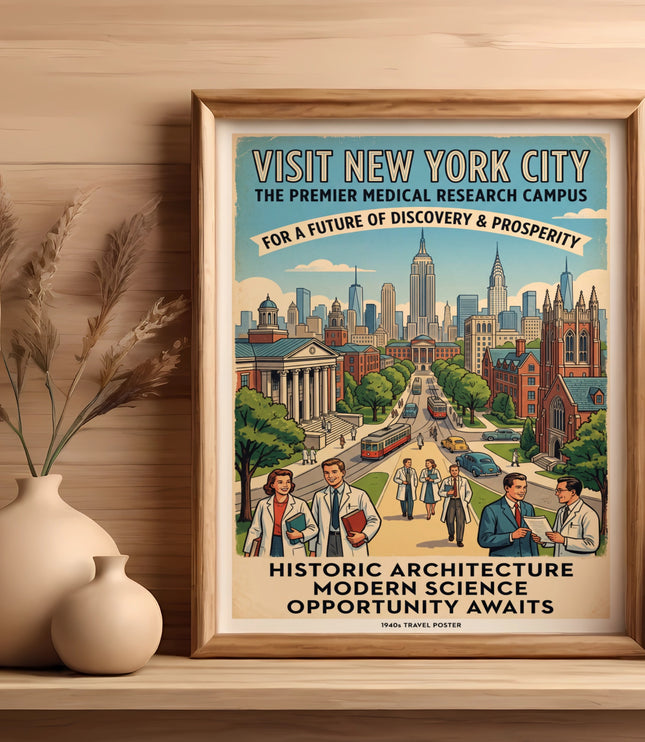 Vintage New York City travel poster for medical research campus with city skyline.