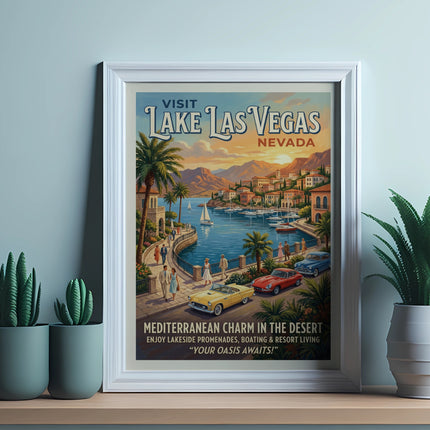 Vintage poster advertising "Lake Las Vegas, Nevada" with Mediterranean charm and resort living.