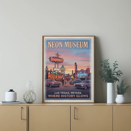 Neon Museum poster depicting vintage Las Vegas signs and cars at sunset.