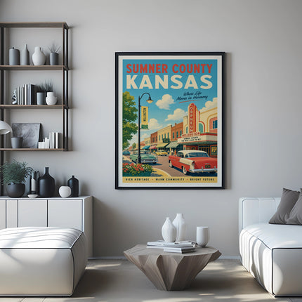Sumner County Kansas travel poster with vintage cars and buildings.