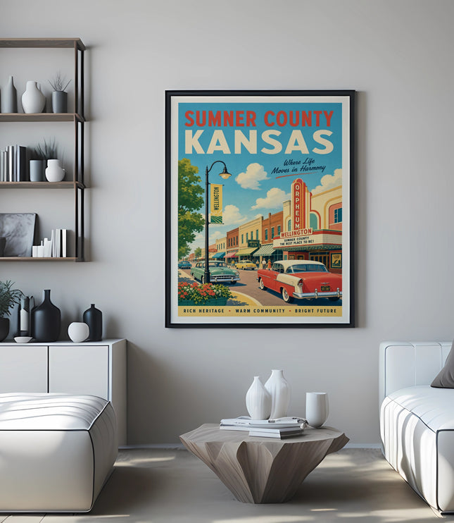 Sumner County Kansas travel poster with vintage cars and buildings.