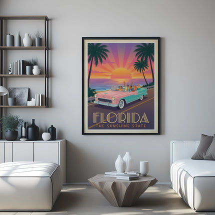Retro convertible driving along Florida coast with sunset and palm trees, "The Florida" text.