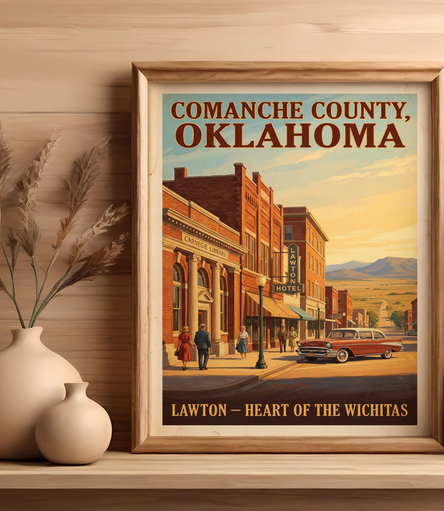 Comanche County, Oklahoma poster with vintage car and Lawton Hotel.