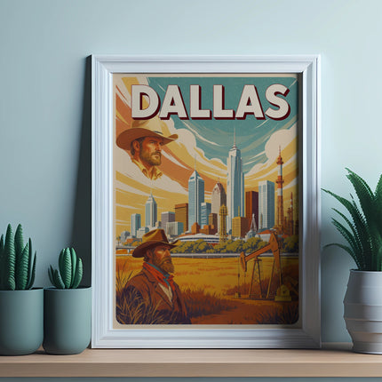 Vintage poster for Dallas featuring skyline and cowboys.