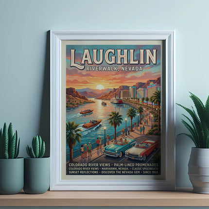 Laughlin Riverwalk, Nevada vintage poster with boats, casinos, and classic cars.