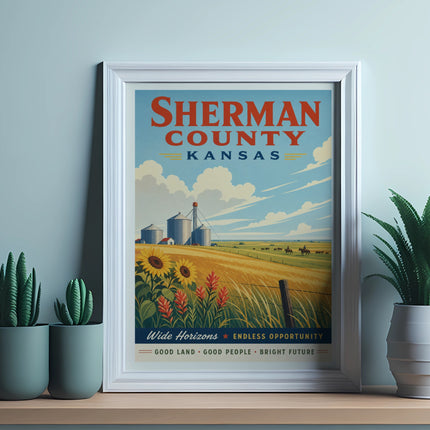Sherman County Kansas poster with silos, sunflowers, and text.