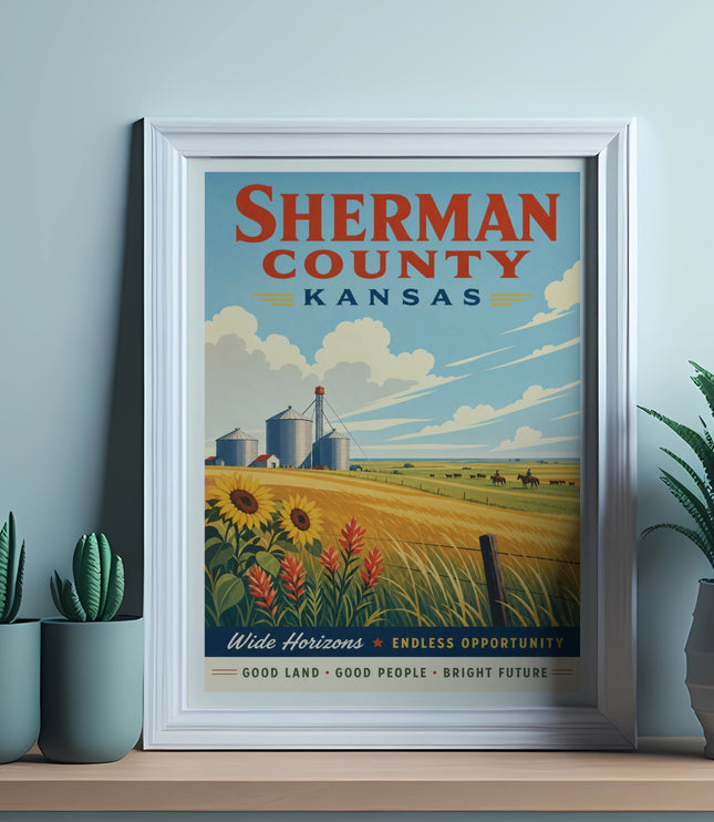 Sherman County Kansas poster with silos, sunflowers, and text.