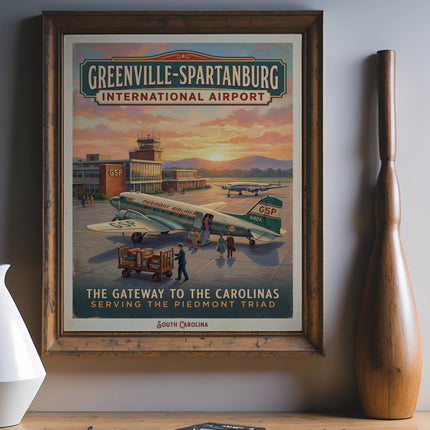 Greenville-Spartanburg International Airport vintage travel poster art featuring Piedmont Airlines.