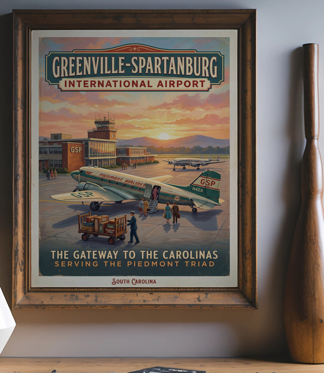 Greenville-Spartanburg International Airport vintage travel poster art featuring Piedmont Airlines.