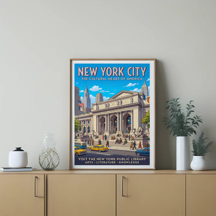 New York City poster with The New York Public Library and text about arts and knowledge.