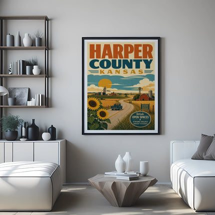 Harper County Kansas vintage travel poster with sunflowers and farm scene.