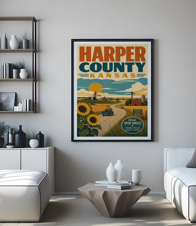 Harper County Kansas vintage travel poster with sunflowers and farm scene.