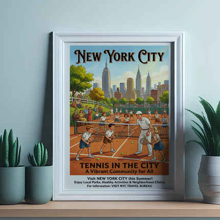 New York City vintage travel poster with people playing tennis in a park.