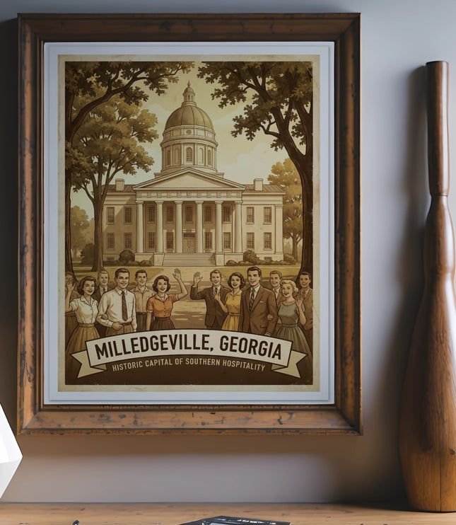 Framed vintage poster of Milledgeville, Georgia with historic building and people.