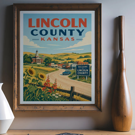 Lincoln County Kansas vintage travel poster with landscape and text.