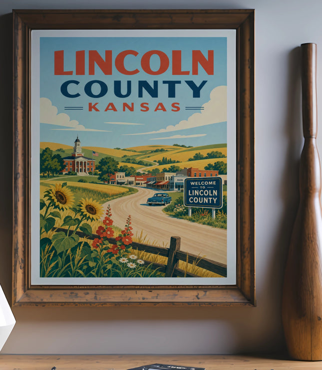 Lincoln County Kansas vintage travel poster with landscape and text.
