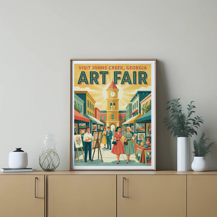 Art fair poster with "Visit Johns Creek, Georgia" text and street scene.