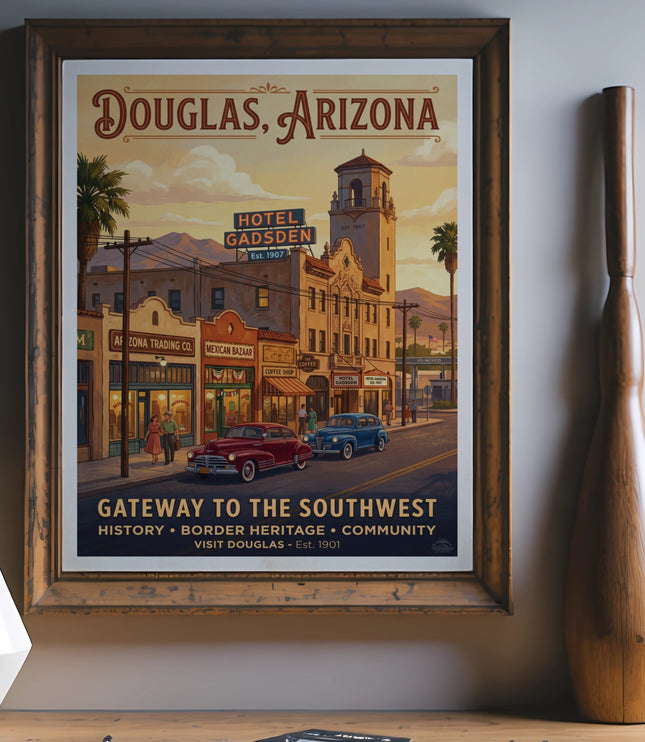 Douglas, Arizona poster featuring Hotel Gadsden, vintage cars, and text.