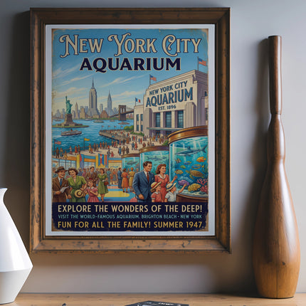 New York City Aquarium poster featuring crowds, marine life, and skyline.