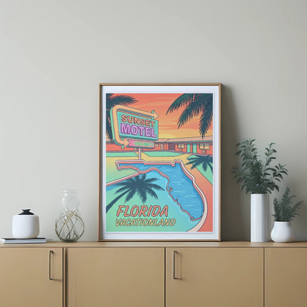 Retro motel sign and pool illustration with "Sunset Motel Florida Vacationland" text.