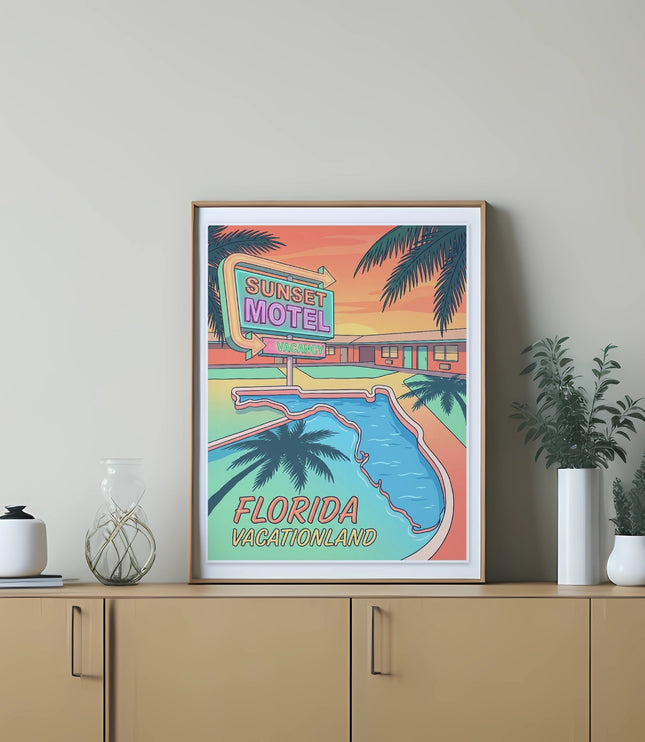 Retro motel sign and pool illustration with "Sunset Motel Florida Vacationland" text.
