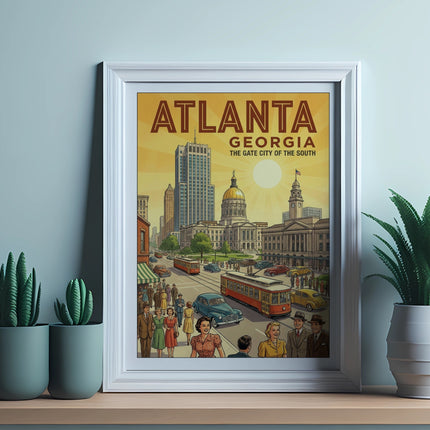 Vintage travel poster for Atlanta, Georgia, featuring city skyline and streetcars.