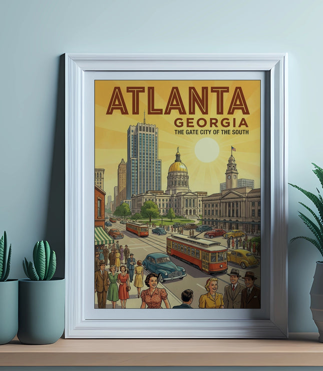 Vintage travel poster for Atlanta, Georgia, featuring city skyline and streetcars.