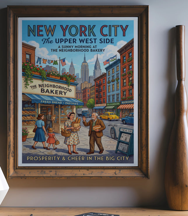 Vintage New York City poster depicting a sunny street scene with a bakery and people.