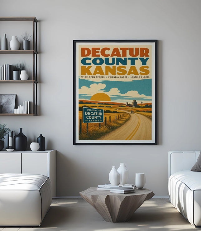 Poster for Decatur County, Kansas, with text about wide open spaces.