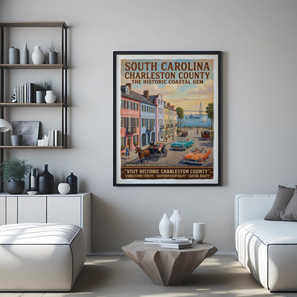 South Carolina Charleston County vintage poster showing Rainbow Row and coastal gem scene.