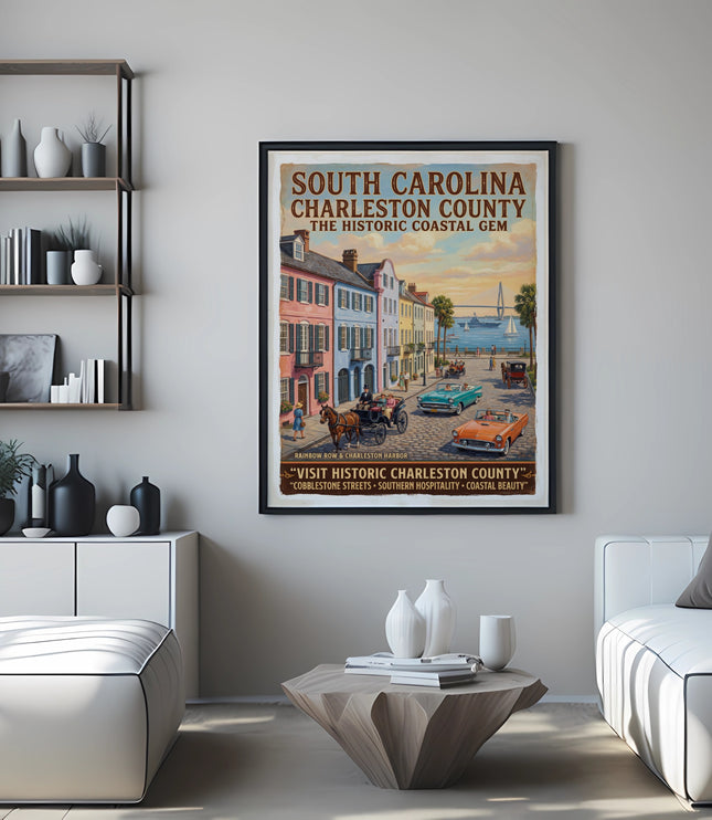 South Carolina Charleston County vintage poster showing Rainbow Row and coastal gem scene.