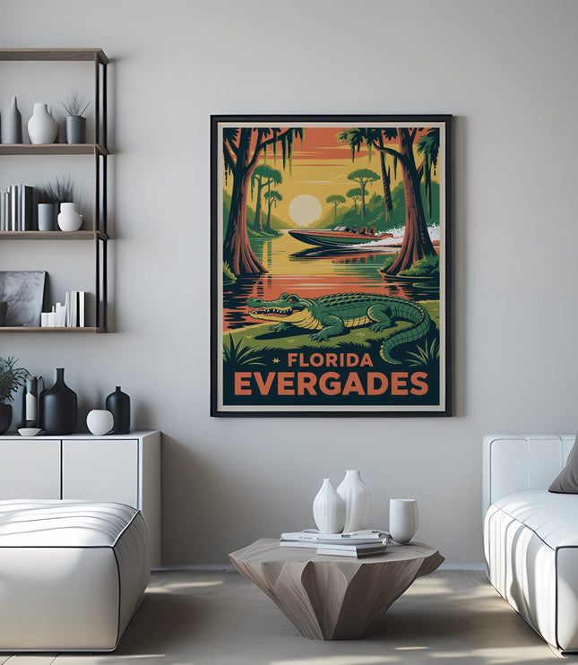 Retro poster art of Florida Everglades with alligator and airboat at sunset.